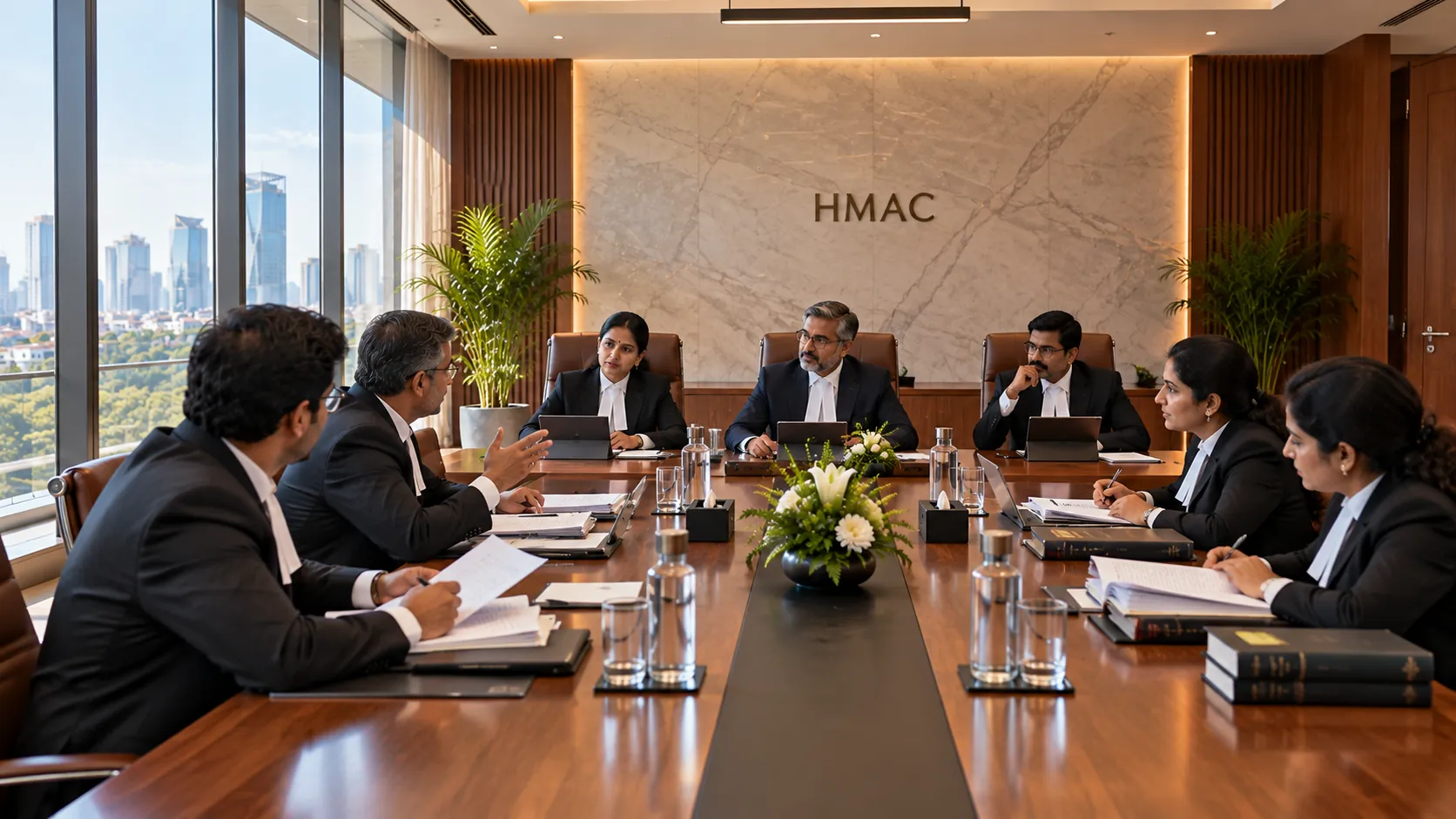 Arbitral tribunal hearing in progress at an HMAC hearing room in Hyderabad